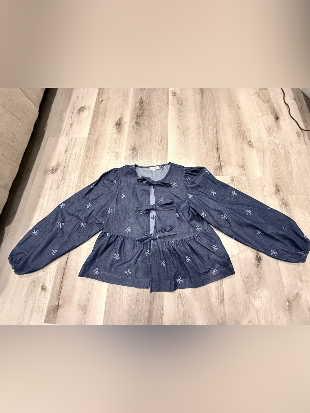 Women’s Navy Bow-Embroidered Peplum Jacket